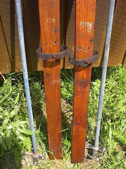 VINTAGE Wooden Skis 47 Wood Skiis + Bamboo Ski Poles  