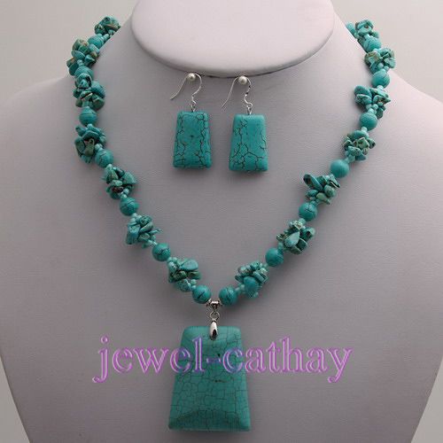 Natural TURQUOISE Stripe CHIPS Beads Pendant Necklace Earrings Set