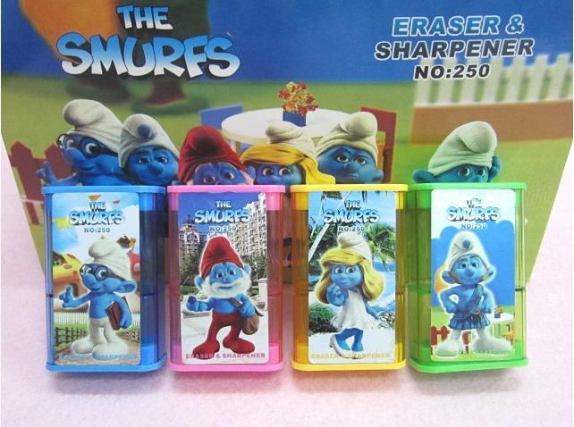 1pc Cartoon THE SMURFS Rectangle Sharpener + Eraser S@1  